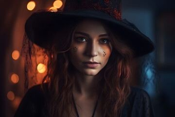 Obraz na płótnie Canvas A beautiful young woman dressed as a halloween witch. Generative AI