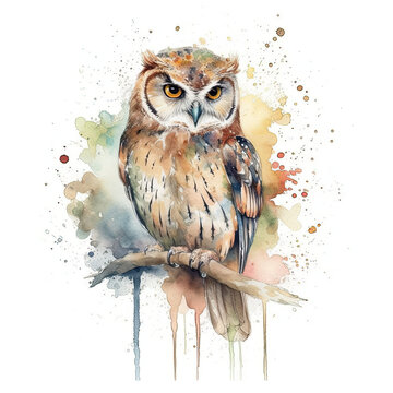 Fantasy Owl in water color drawing