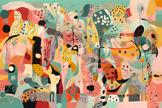Whimsical abstract background with a collage of playful and quirky elements: dots, squiggles, whimsical shapes. Cheerful and eclectic color palette: coral, lemon yellow, mint green. Generative AI
