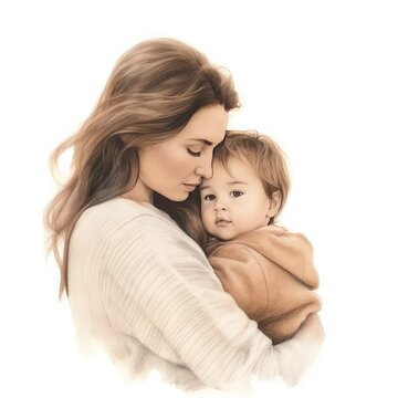 mother holding her baby with love. Pastel drawing