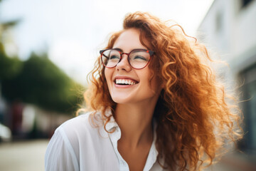 Obraz premium Portrait of happy young woman wearing glasses outdoors
