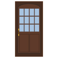 Brown door with glass windows and door knob isolated on white background. Clipart.