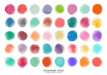 Set of colorful watercolor hand painted round shapes, stains, circles, blobs isolated on white. Illustration for artistic design