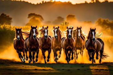 Horses running at the time of sunset, by generative Ai technology 
