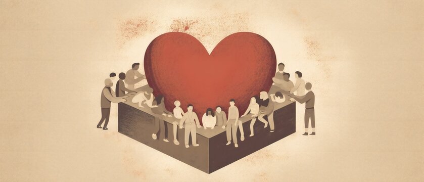 An illustration of a heart-shaped gift box surrounded by caring hands, representing the spirit of generosity and compassion