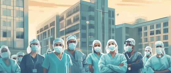 Healthcare workers in scrubs and medical masks, with a hospital or medical facility in the background. Labor Day