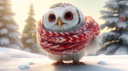 Cute Snow Owl with A Red Scarf. Generative AI