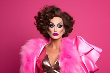 brunette drag queen wearing pink on a vibrant pink background