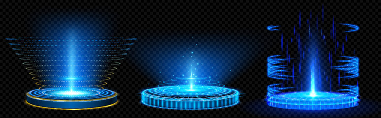 Digital portals on circle podiums with hologram and light effects. 3d futuristic platforms with blue neon beams isolated on transparent background, vector realistic set