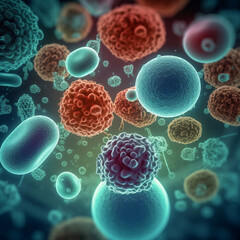 Macro shot of different types of microbes. Virus Cells. Generative Ai.