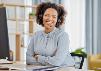 Callcenter, portrait and happy woman at help desk for advice, sales and telemarketing in headset....