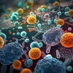 Macro shot of various types of bacteria. Virus cells and different microbes. The concept of virology, microbiology and biology. Generative AI