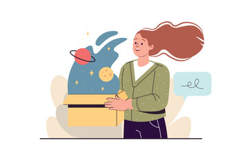 Open space concept with people scene in the flat cartoon style. The girl works with open space. Vector illustration.