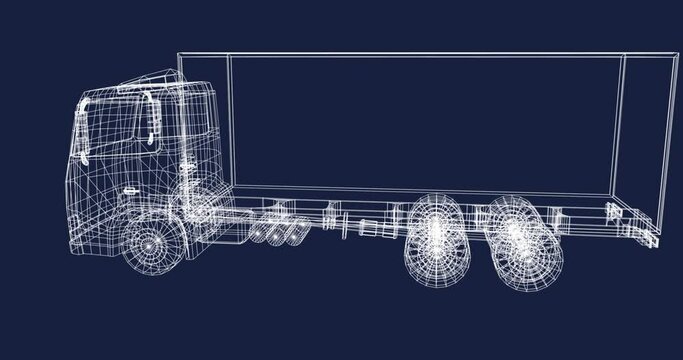 Animation of data processing over 3d lorry drawing on black background