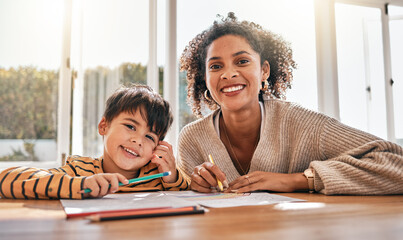 Mom, son child and portrait with homework, smile and helping with support, development and care in...