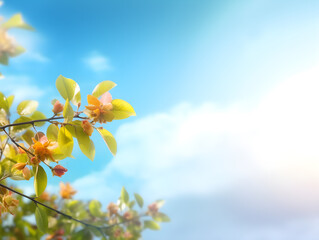 Natural spring floral colorful background banner format. Beautiful branch blossoming cherry soft focus, blue sky, white clouds, sunny day, macro. Leaf and flower in nature, copy space.
