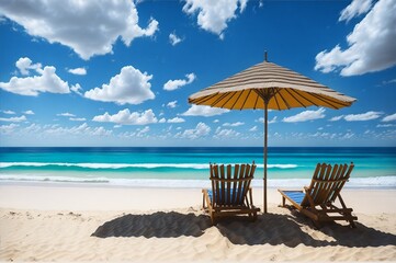 Fototapeta premium Landscape summer vacation holiday travel ocean sea beach background banner panorama - Wooden sun loungers, lounge chair and parasol on the sand, blue sky and sunshine