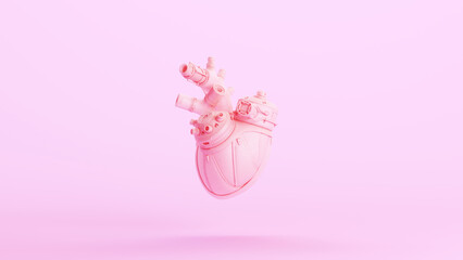 Pink human heart bionic cyborg futuristic robotic kitsch medical organ pink pastel background 3d illustration render digital rendering