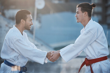 Men, karate and handshake at training fight for respect, fitness or workout contest for development. Martial arts teacher, coaching and smile for exercise, zen mindset or outdoor for combat sports © Wesley JvR/peopleimages.com