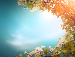 Natural spring floral colorful background banner format. Beautiful branch blossoming cherry soft focus, blue sky, white clouds, sunny day, macro. Leaf and flower in nature, copy space.