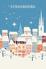France Strasbourg winter Christmas city poster with abstract shapes of landmarks and buildings. Vintage travel vector illustration Alsace in snow - obrazy, fototapety, plakaty