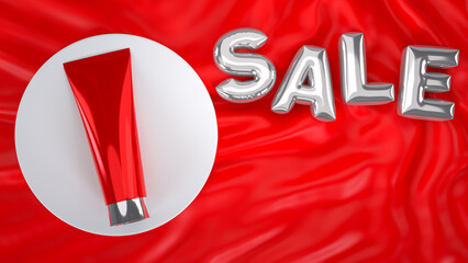 3d render. top view of the red facial foam tube podium for product showcase with silver balloon text " SALE" on red satin fabrics.