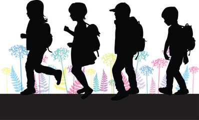 Silhouettes of a children with a backpack .	