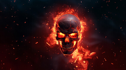 Brennender Totenkopf mit Feuerflamme und Glut als Poster und Hintergrundmotiv, ai generativ