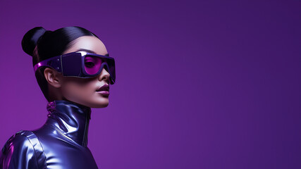 Frau Gesicht mit modischer futuristischer Cyberspace Brille mit tollen Makeup in der Farbe lila Nahaufnahme, ai generativ