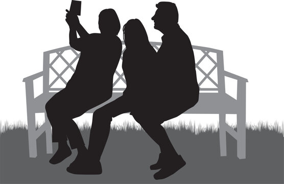 Black silhouettes of a family sitting on a bench.	
