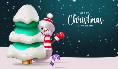 Merry christmas text vector design. Christmas snow man character with pine tree elements in winter season snow evening background. Vector illustration greeting card design.