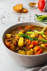 Healthy vegetarian lunches, brown lentil soup with tomatoes and carrots, green onions, potatoes and curry spices, toasted croutons, top view
