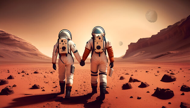 Male and female astronaut couple walking in the planet Mars landscape, holding hands. AI generated.