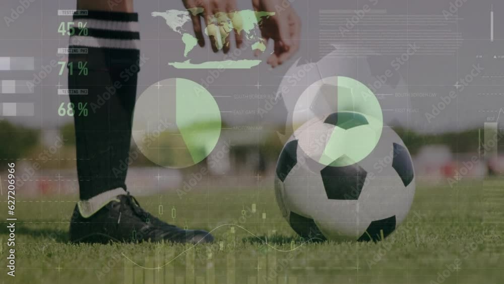 Wall mural animation of financial data processing over caucasian football player with ball on pitch