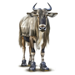 A Wildebeest (Connochaetes) in a sprinter's outfit with shoes and number.