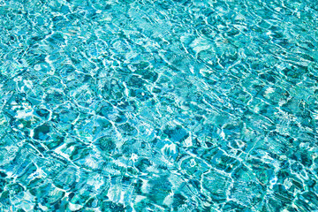 Abstract wallpaper of fresh water on clean swim pool, ripple effect full frame. Creative water surface for design backgrounds. Textured backdrop, light and shadow. Create concept. Copy ad text space
