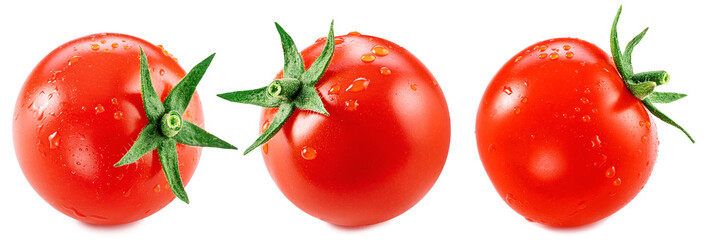 Three cherry tomatoes covered with water drops isolated on white background. Macro shot.
