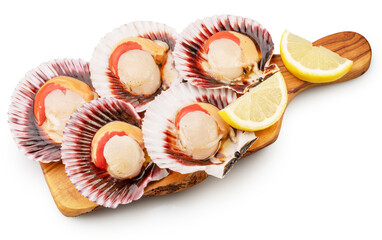 Edible raw opened scallops with lemon slice on wooden board. File contains clipping path. © Екатерина Иванова