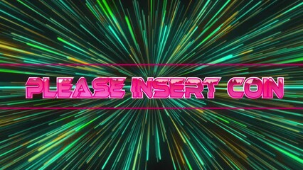 Animation of please insert coin text over neon lines and light trails background