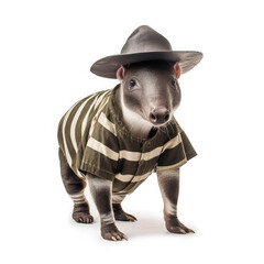 A Tapir (Tapirus) in a jungle explorer's outfit with a hat.