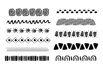Set african tribal motive border in doodle hand drawn style from geometrical shapes isolated on white background. boho scandinavian srtoke, traditional native decor. - obrazy, fototapety, plakaty