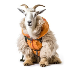 A Mountain Goat (Oreamnos americanus) wearing a mountaineer's outfit with a hat and rope.