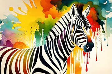 Water color splash art image of zebra on white background