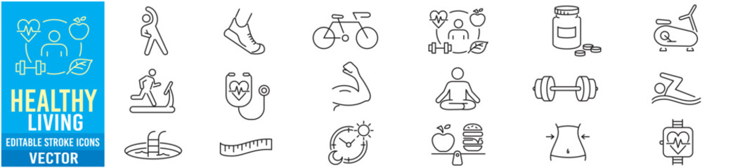 Healthy Lifestyle editable line icons wellness relaxation health exercise yoga spa diet wellbeing collection.