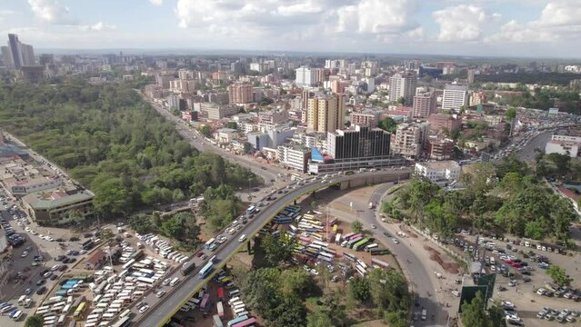Aerial shot of Nairobi traffic Ngara globe roundabout.