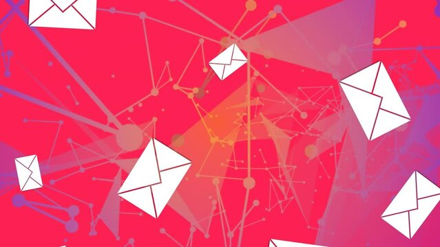 Animation of email envelope icons and network of connections on red background