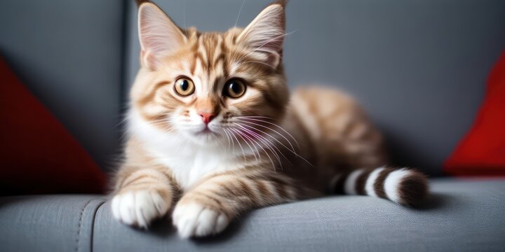 A cute red striped young cat lies on a gray sofa and looks attentively