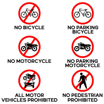 Illustration sets of International traffic signs such as no bicycle signs,  no parking bicycle signs, no motorcycle signs, no parking motorcycle,  all motor vehicles prohibited, no pedestrian prohibit