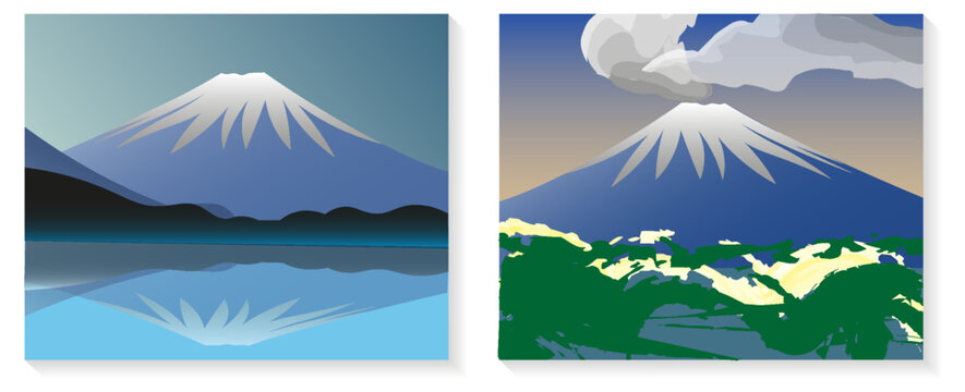 set of Mount Fuji Japan vector illustrations with various trees, Ideal for travel, sports or spiritual designs. Wallpapers, banners