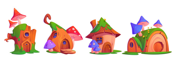 Fototapeta premium Cartoon set of cute fairytale houses isolated on white background. Vector illustration of fantasy tree stump huts with wooden door, porch and round window, mushrooms, moss on roof. Forest dwarf home